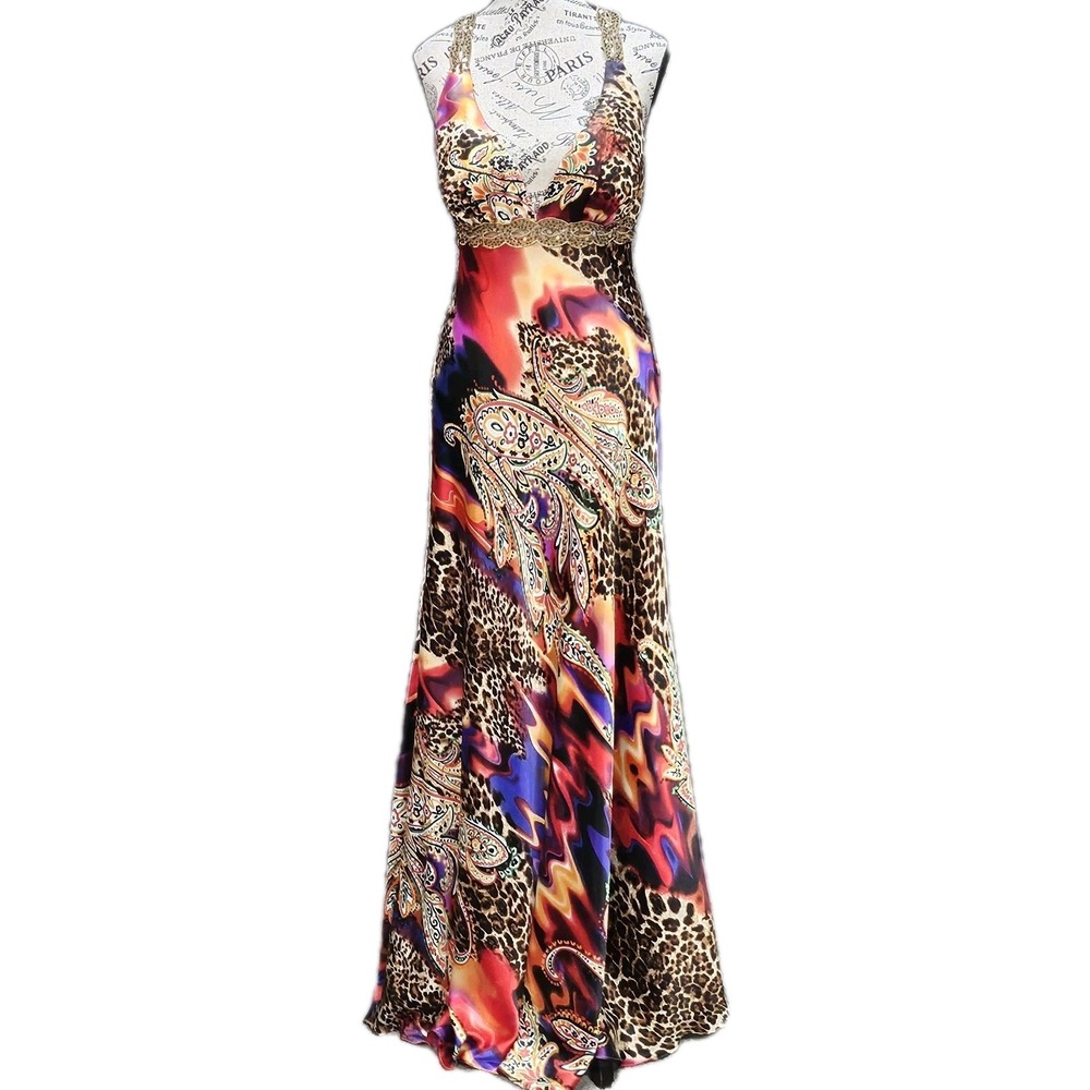 Blondie Nites Dress Sz 9 Prom Gown Y2K Leopard Floral Paisley Halter Embellished
